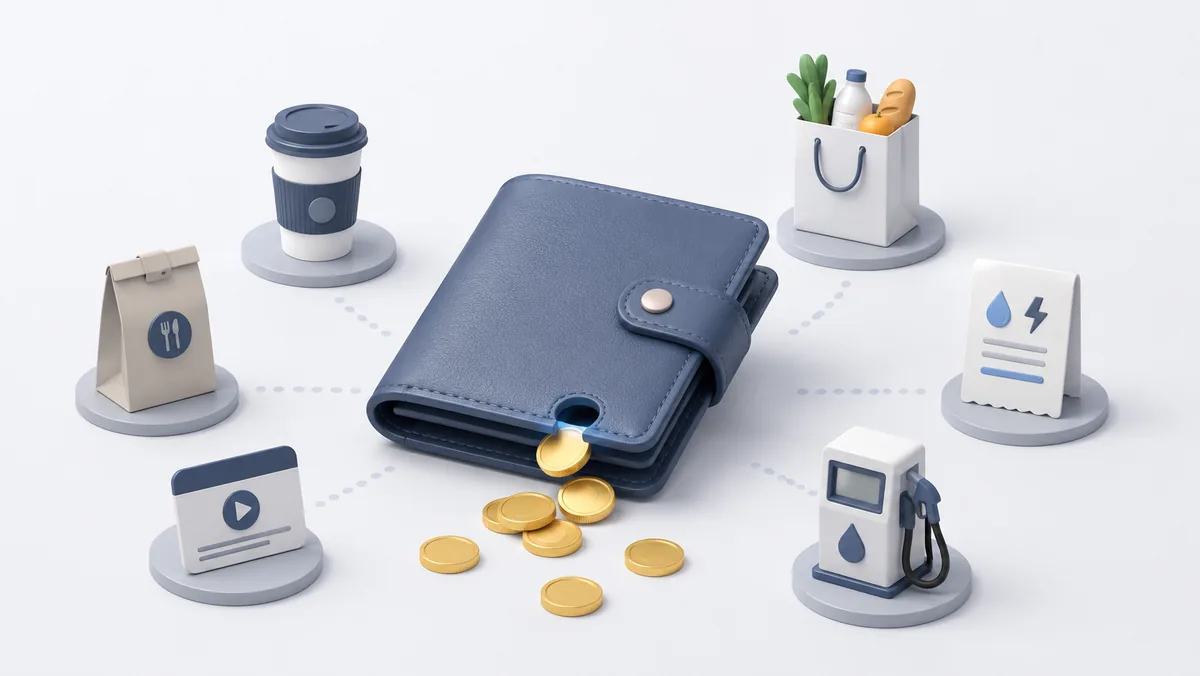 3D illustration of a wallet leaking coins, surrounded by household cost icons such as groceries, coffee, utilities, fuel, takeaways and subscriptions.